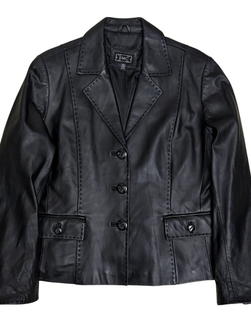 EMC Leather Coat Business Casual Designer Lined Black Jacket Womens XL
